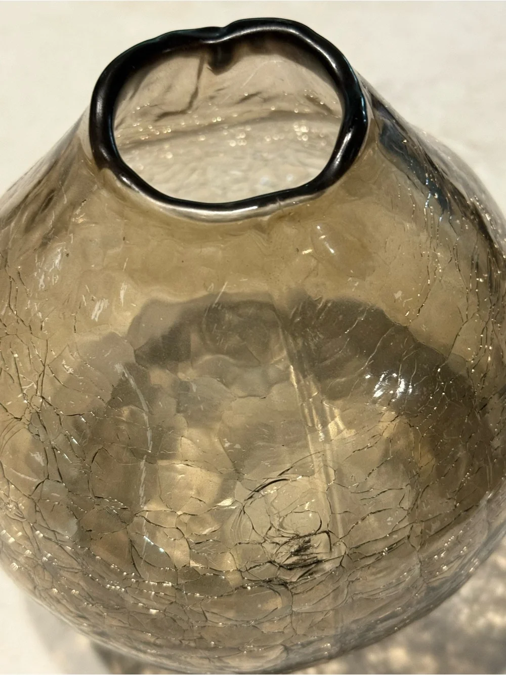 Anthropologie Smoky Gray Crackle Glass Vase 7” Tall 5” Wide Bulbous Hand Blown